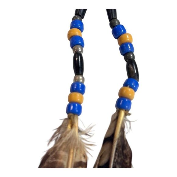 Vintage Handcrafted Feather Hair Clip Beaded Accents & Leather Ties Boho Style - Picture 3 of 7